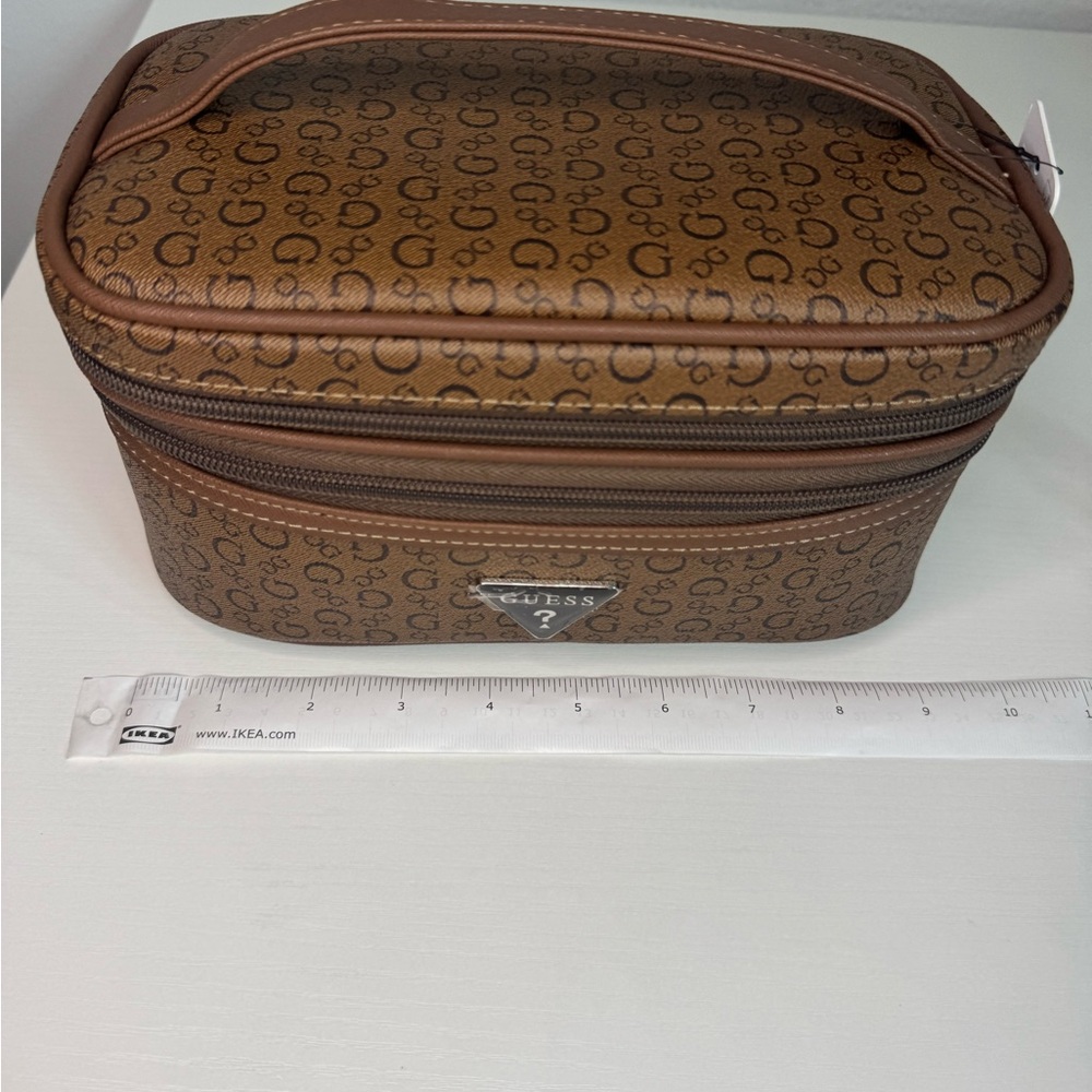 Guess Travel Cosmetic Bag Brown Logo 2 Tier Makeup Case Double Layer Organizer - Picture 6 of 8